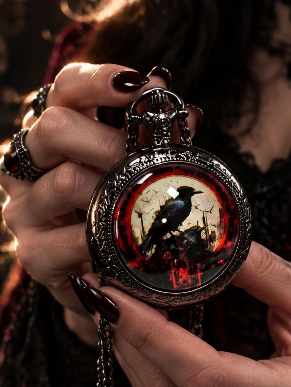 Raven Pocket Watch Necklace Gothic Black Crow Pendant Dark Academia Crimson Halo